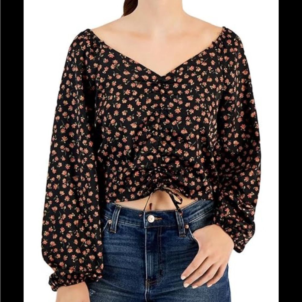 NWOT Hippie Rose Orange/Black Floral Print Long Sleeve Crop Top. Size XL